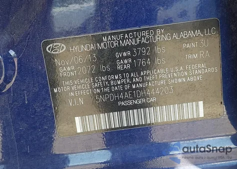 2013 Hyundai Elantra Gls from USA, damaged, VIN 5NPDH4AE1DH444203